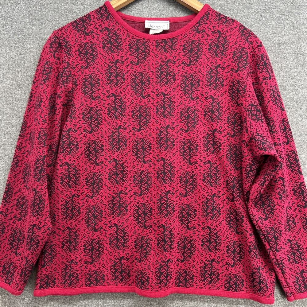 Vintage Devon Sweater Womens Large Magenta Red USA Union Made Abstract Print